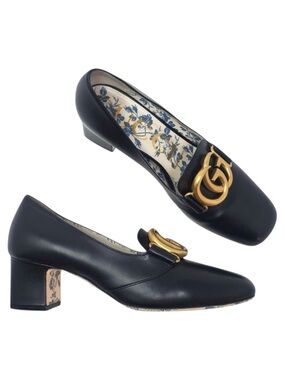 Gucci GG Marmont Victoire Pumps Interlock Leather Black 525333 Size 36.5 US 6.5